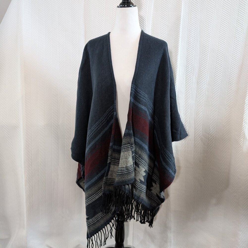 Charlie Paige Cape Navy Fringe Cozy Woven Wrap Shawl Southwestern Aztec NWT